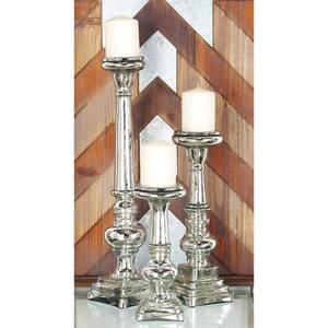 Silver Glass Handmade Turned Style Pillar Candle Holder with Faux Mercury Glass Finish (Set of 3)