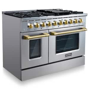 Professional 48 in. 6.7 cu. ft. 8-Burners Double Oven Gas Range w/ Griddle in Stainless Steel with Gold Knobs and Handle