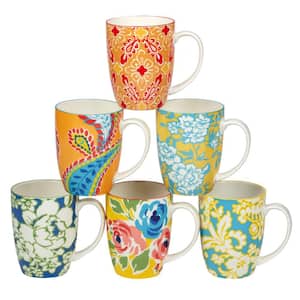Damask Floral 14 oz. 4.75 in. Multicolored Porcelain Mug (Set of 6)