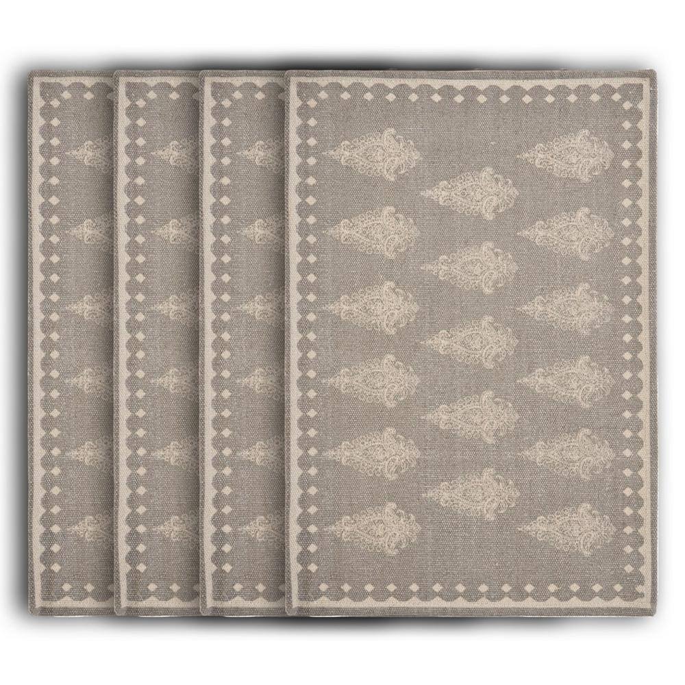 Damask 19 in. x 13 in. Gray / Cream Motif Bordered Cotton Placemat (Set of 