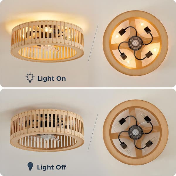 JUSHENG 20 in. Natural Wood Style Caged Flush Mount Ceiling Fan