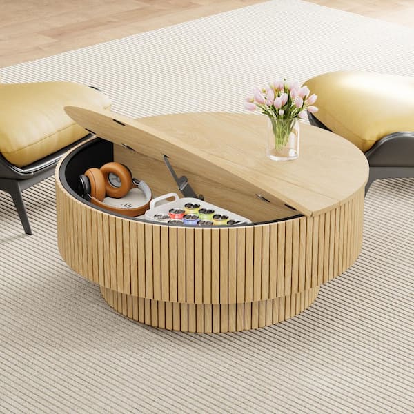 ATHMILE Natural Fluted Round Lift Top Coffee Table, Multi-Level