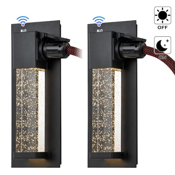 C Cattleya Matte Black Dusk to Dawn LED Outdoor Wall Light with Outlet and Clear Bubble Glass(2-Pack)