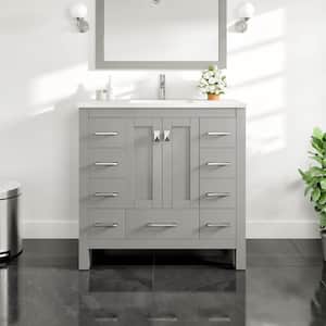 Hampton 36 in. W x 18 in. D x 34 in. H Bathroom Vanity in Gray with White Carrara Quartz Top with White Sink