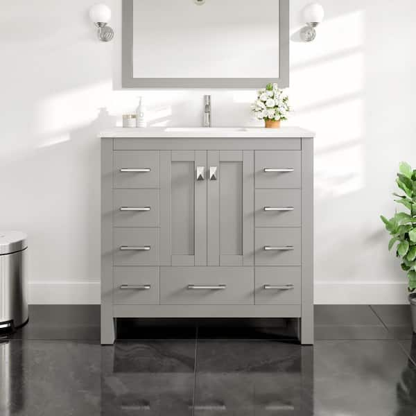 Hampton 36 in. Single Sink Gray Bath Vanity with White Carrara Marble Top (Assembled)