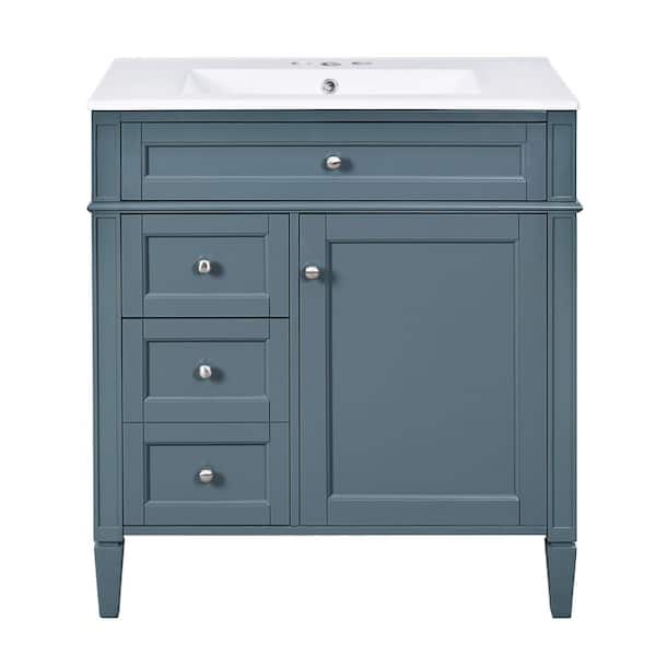 30 in. Single Sink Freestanding Light Blue Bath Vanity with White Ceramic Top, Adjustable Shelf, 3-Drawers, Door Racks