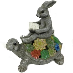 Solar Powered 9 in. Tall Integrated LED Reading Bunny on Turtle Garden Light in Gray