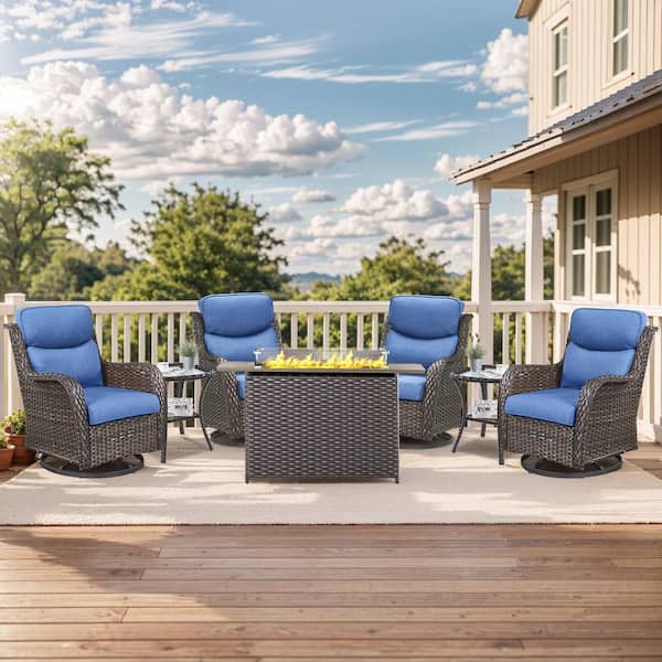 moosprr Luxury Brown Wicker Fire Pit Conversation Set with Olefin Blue Cushions and Patio Swivel Chairs/Side Tables (7-Piece)