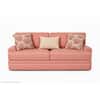 Coral sofa with patterned pillows from the front view.