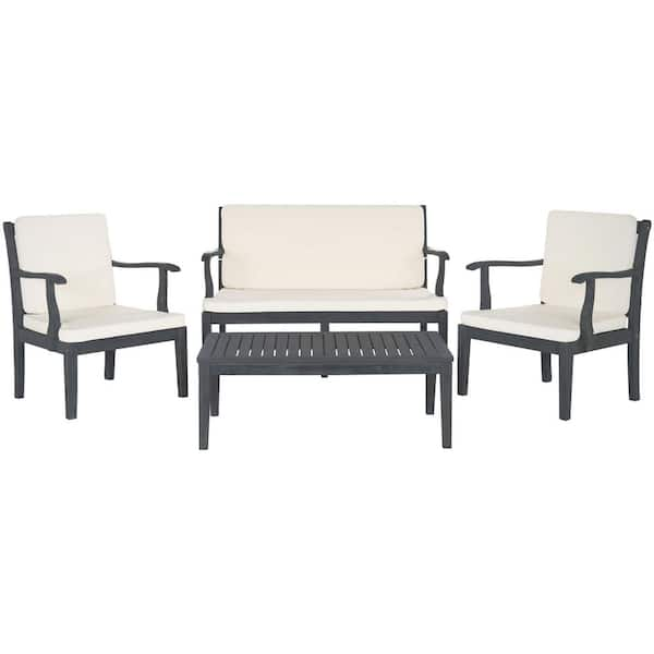 SAFAVIEH Montclair Ash Gray 4-Piece Wood Patio Conversation Set with Beige Cushions