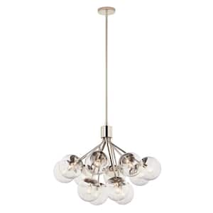 Silvarious 30 in. 12-Light Polished Nickel Modern Clear Glass Shaded Convertible Chandelier for Dining Room