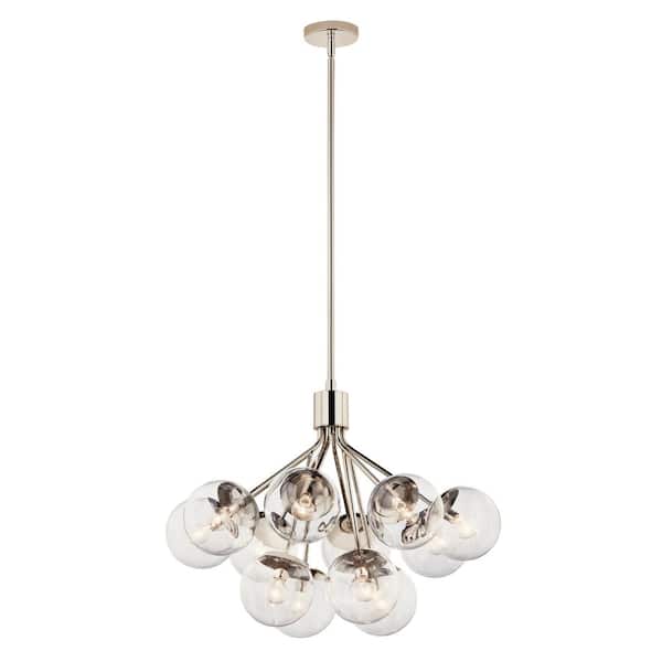 KICHLER Silvarious 30 in. 12-Light Polished Nickel Modern Clear Glass Shaded Convertible Chandelier for Dining Room