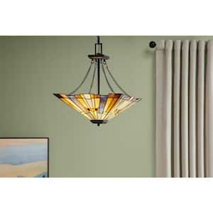Waterville 3-Light Matte Black Shaded Pendant with Tiffany Glass Shade