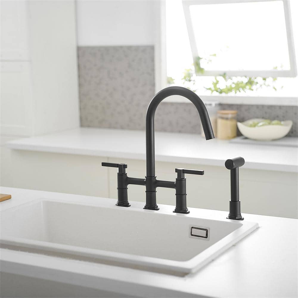 Matte Black Brass Bridge Kitchen Faucet with Side Sprayer