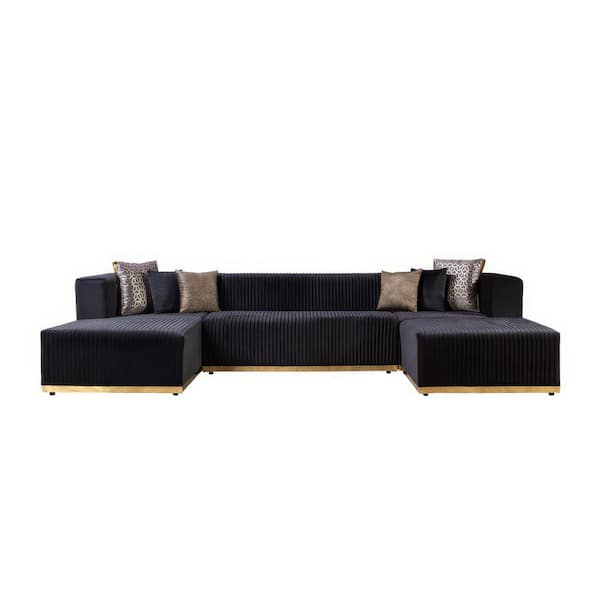 140.00 in. Track Arm 4 piece Velvet U-Shaped Sectional Sofa in. Black