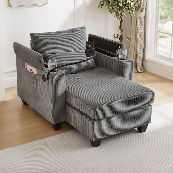 Harper & Bright Designs Gray Corduroy Convertible Chaise Lounge 37.4 in. Single Sofa Chair with Storage Armrests, USB Ports, Phone Holder