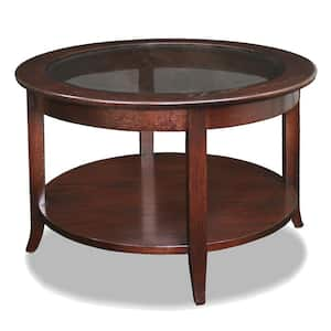 30 in. Chocolate Oak Round Glass Top Coffee Table with Shelf