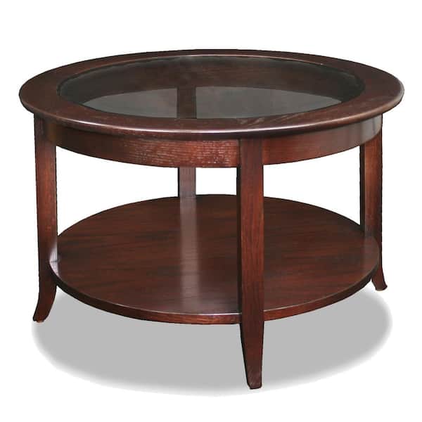 Leick Home 30 in. Chocolate Oak Round Glass Top Coffee Table with Shelf
