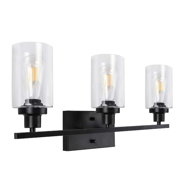 YANSUN 24 in. 3-Light Matte Black Bath Vanity Light with Accents and ...