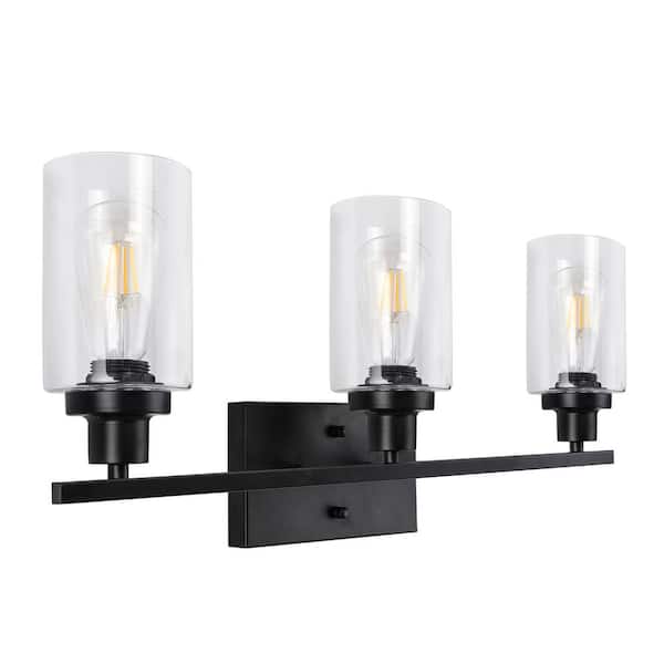 YANSUN 24 in. 3-Light Matte Black Modern Bathroom Vanity Light with Clear Glass Shades