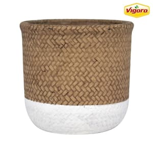 6 in. Bronwyn Small White & Natural Reed Cement Round Planter (6 in. D x 5.6 in. H) with Drainage Hole