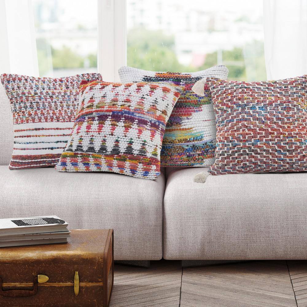 White and Multicolored Chevron Cotton Chindi Throw Pillow 20" x 20"