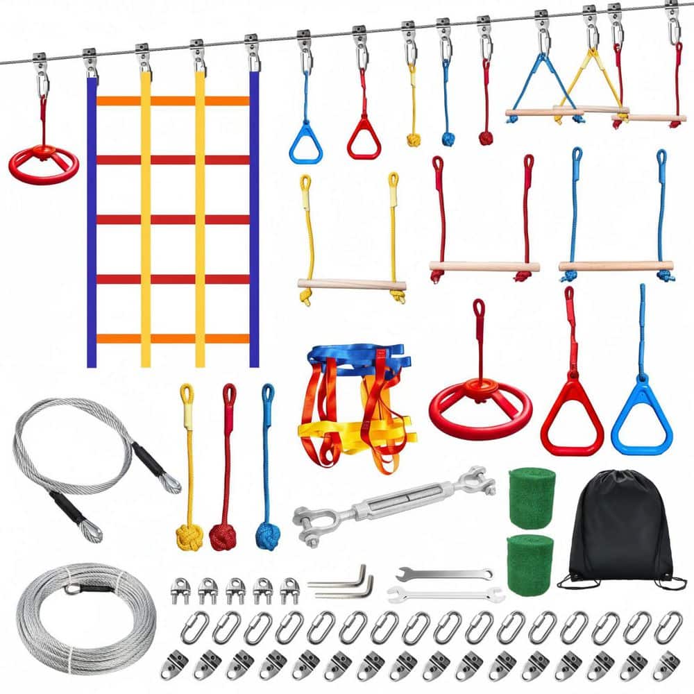 Swiggle Rope Bar 65 ft. Ninja Warrior Obstacle Course Monkey Bars, Climbing Net, Swing ...