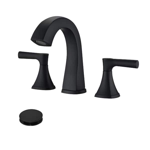 8 in. Widespread Stainless Steel Double Handle Bathroom Faucet with Pop Up Drain in Matte Black