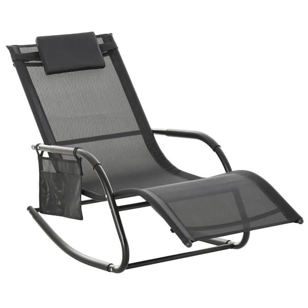 FORCLOVER Black Metal Outdoor Rocking Chair with Removable Headrest and Side Pocket