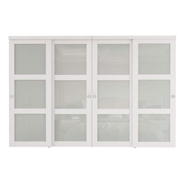 120 in. x 96 in. 3-Lites Frosted Glass White Finished MDF Closet Sliding Door with Hardware Kit