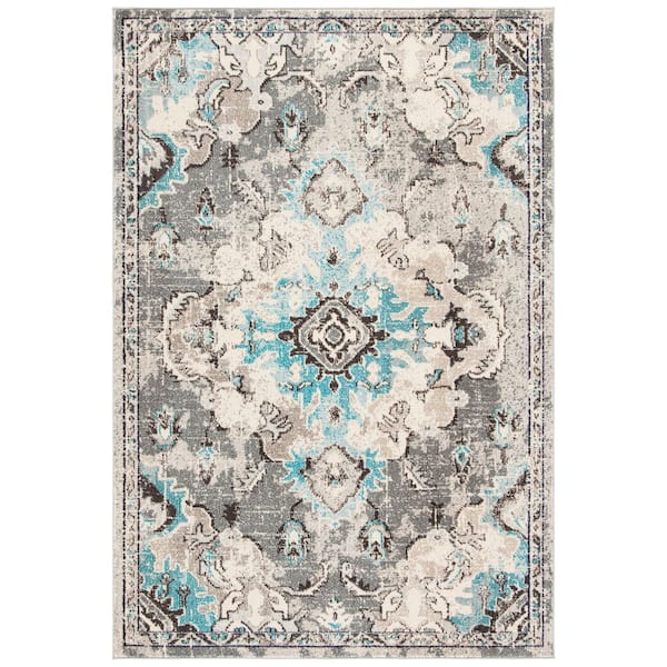 Madison Grey/Light Blue 9 ft. x 12 ft. Border Floral Oriental Area Rug