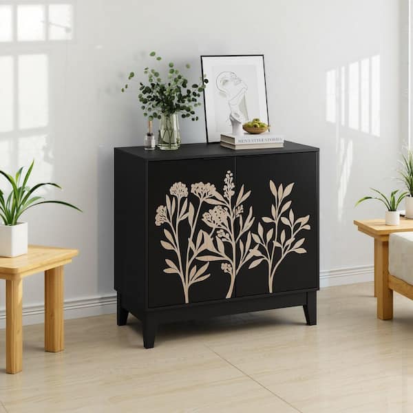 Sherwin Black Wood 31.5 in. Buffet Storage Sideboard, Storage Cabinet with 2 Carved Doors, Adjustable Shelves