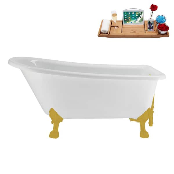 58 in. x 28 in. Acrylic Clawfoot Soaking Bathtub in Glossy White with Brushed Gold Drain, Brushed Gold Clawfeet