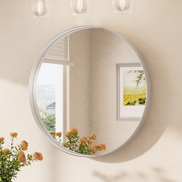24 in. W x 24 in. H Round Mirror Framed Brush Nickel Mirrors for Bathroom Wall Bathroom Vanity Mirror Over Sink