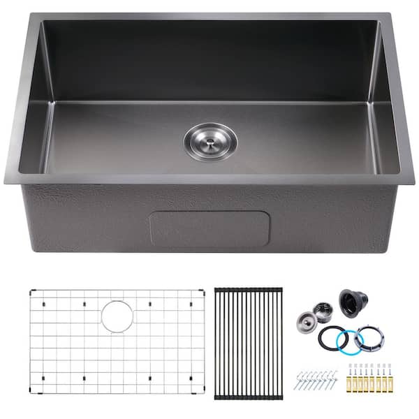 30 in. Drop-In/Undermount Single Bowl 16 Gauge Gunmetal Black 304 Stainless Steel Kitchen Sink with Accessories