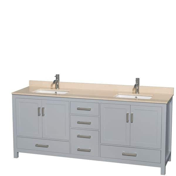 Wyndham Collection Sheffield 80 in. W x 22 in. D Vanity in Gray with Marble Vanity Top in Ivory with White Basins