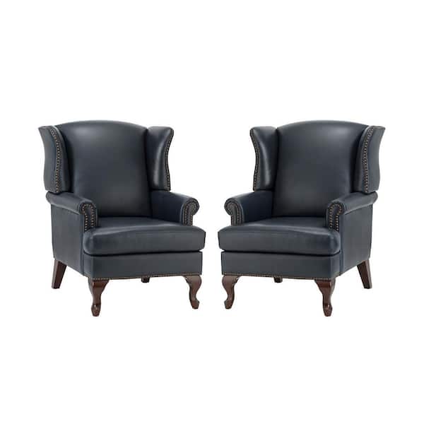 Johannes Navy Genuine Leather Armchair with Nailhead Trims (Set of 2)