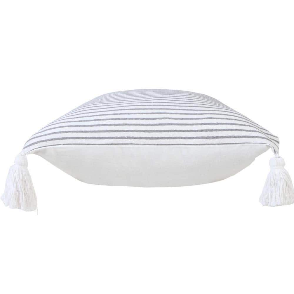 Gray and White Striped Cotton Square Throw Pillow with Tassels
