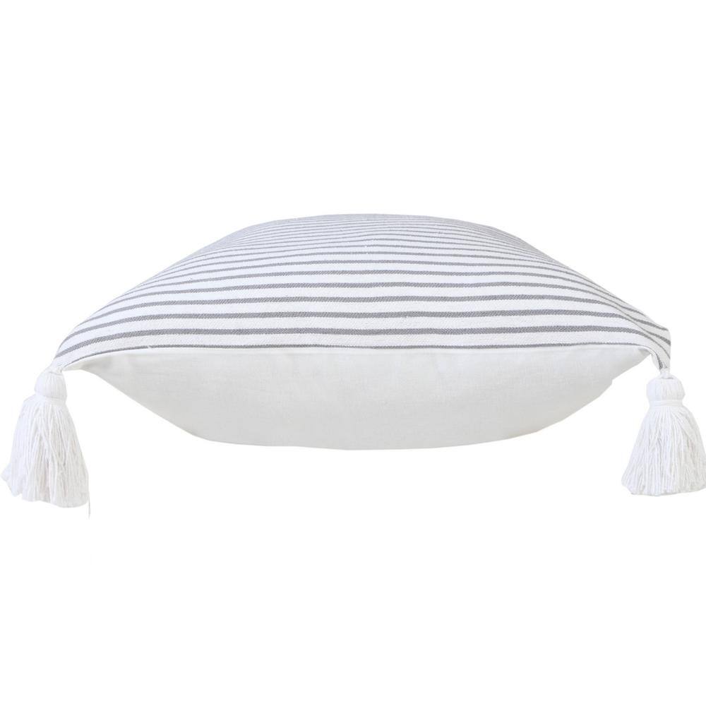 Gray and White Striped Cotton Square Throw Pillow with Tassels