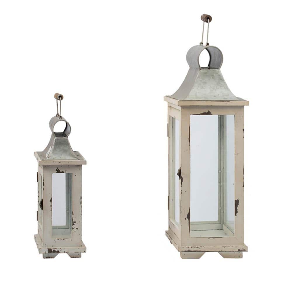 Set of 2 White and Gray Wooden Hanging Lanterns