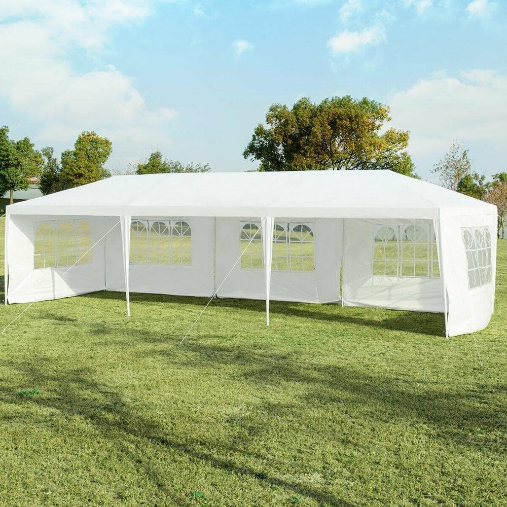 White 10' x 30' Steel and PE Outdoor Canopy Tent with Sidewalls