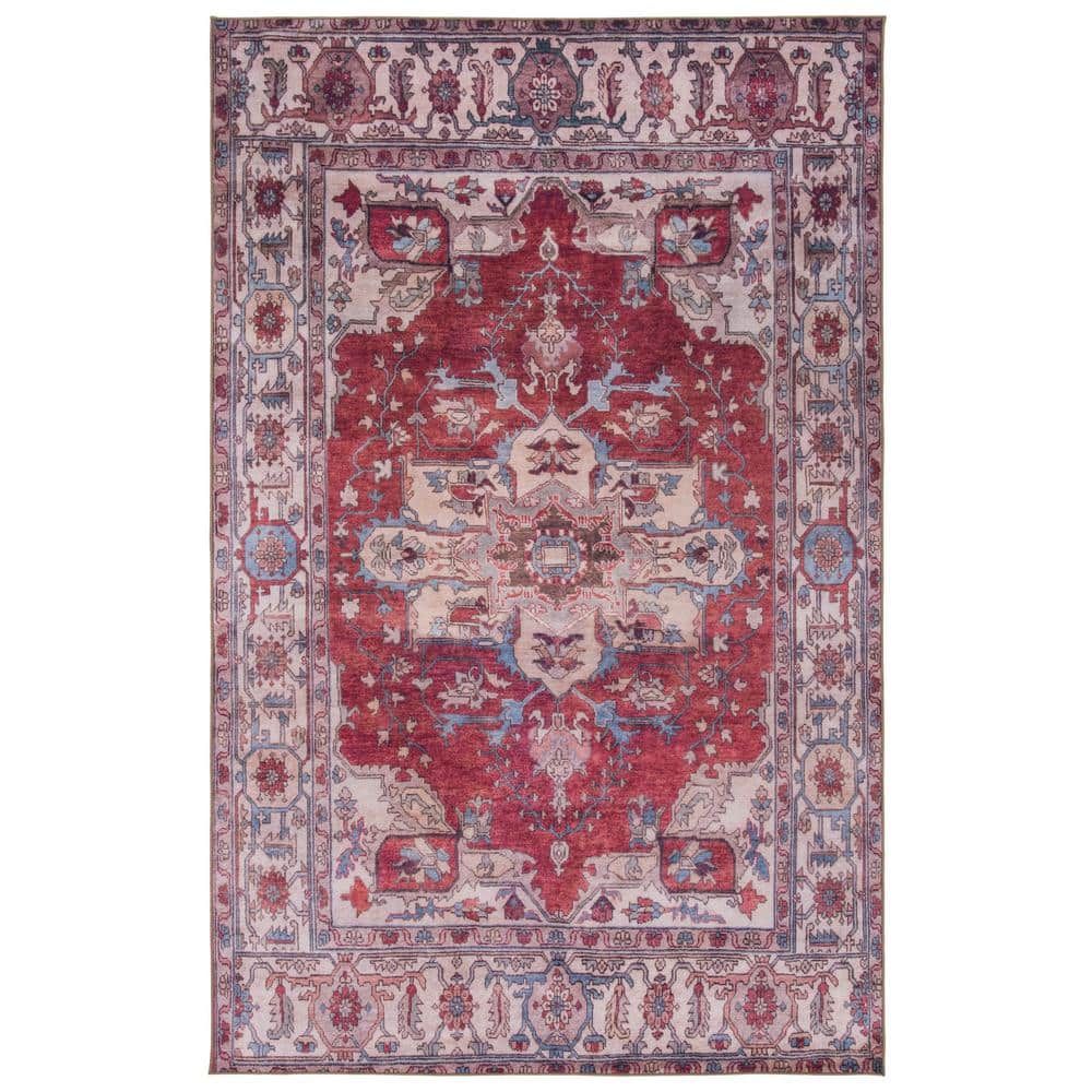 Red/Beige Synthetic Easy-Care Hand-Knotted 4' x 6' Area Rug