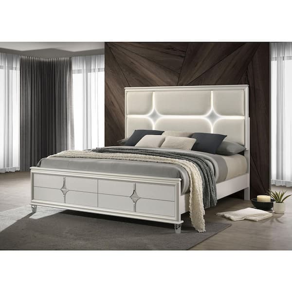 Coaster Olivia Pearl White and Ivory Wood Frame California King Panel Bed with LED Headboard