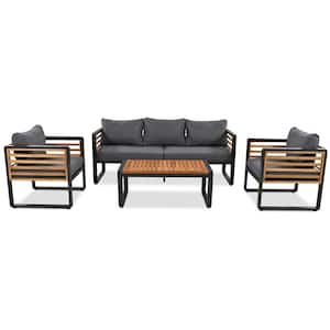4-Piece Metal and Wood Frame Patio Conversation Set with Grey Cushion