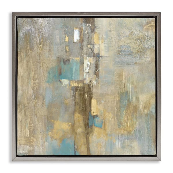 Stupell Industries Gold Abstract with Blue by Justin Turner Gray Floater Frame Abstract Graphic Art Print 18 in. x 18 in.
