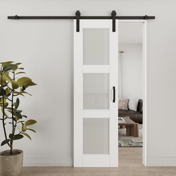 24 in. x 80 in. 3 Lite Tempered Frosted Glass White Primed MDF Composite Sliding Barn Door Slab with Hardware Kit