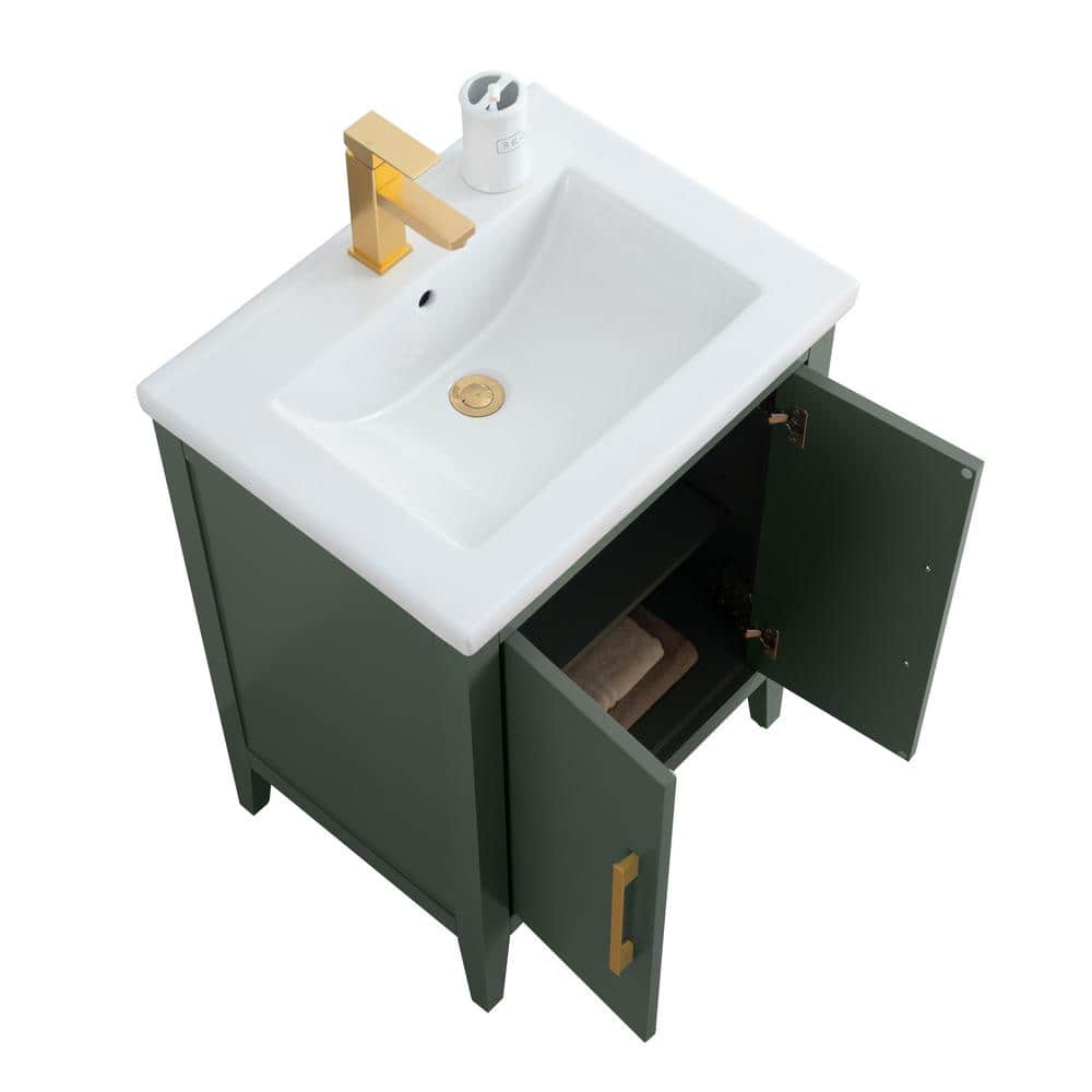 24" Vintage Green Single Sink Bathroom Vanity with Ceramic Top