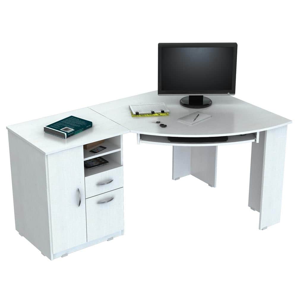 White L-Shaped Corner Desk with Drawers and Keyboard Tray