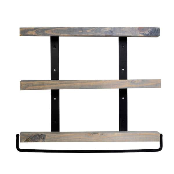 Unbranded 5.5 in. x 24 in. x 20 in. Gray Pine Wood 3-Tier with Towel Bar Decorative Wall Shelf with Brackets