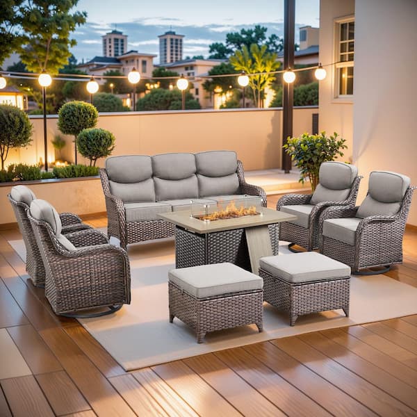 MoonLuxe Brown Wicker Fire Pit Conversation Set with Gray Olefin 6 in. Thick Cushions Patio Swivel Chairs (8-Piece)